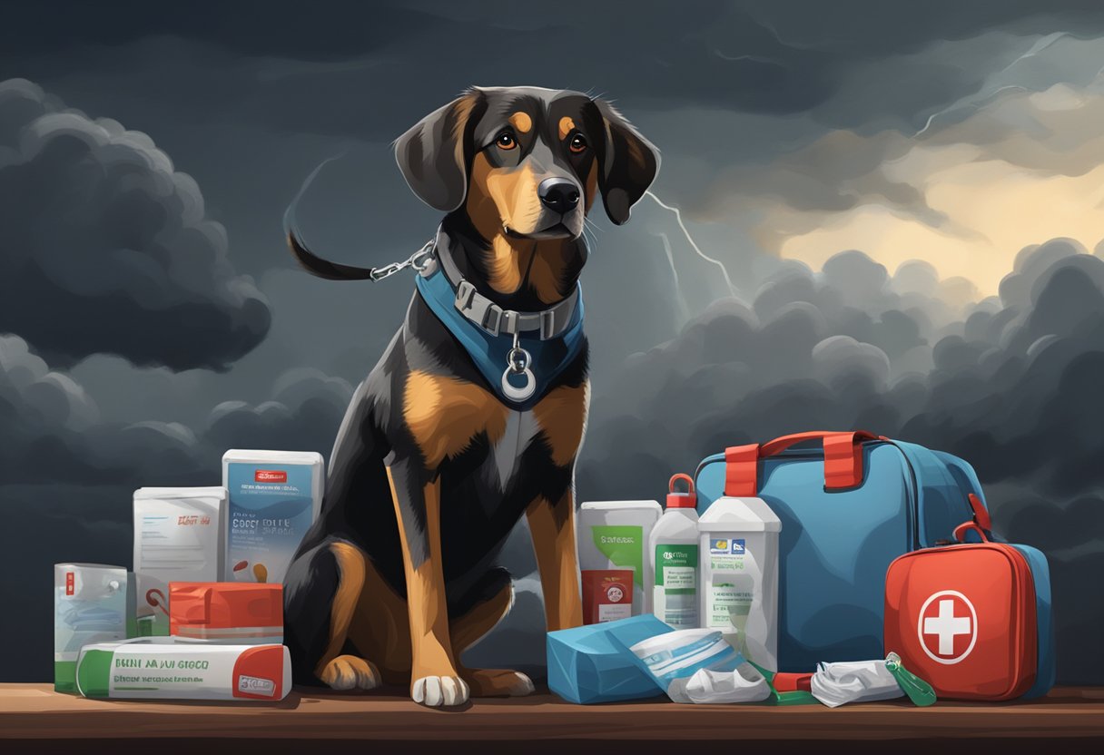 A dog sits next to a first aid kit and emergency supplies, with a leash nearby. The sky is dark and stormy, and a tornado is visible in the distance