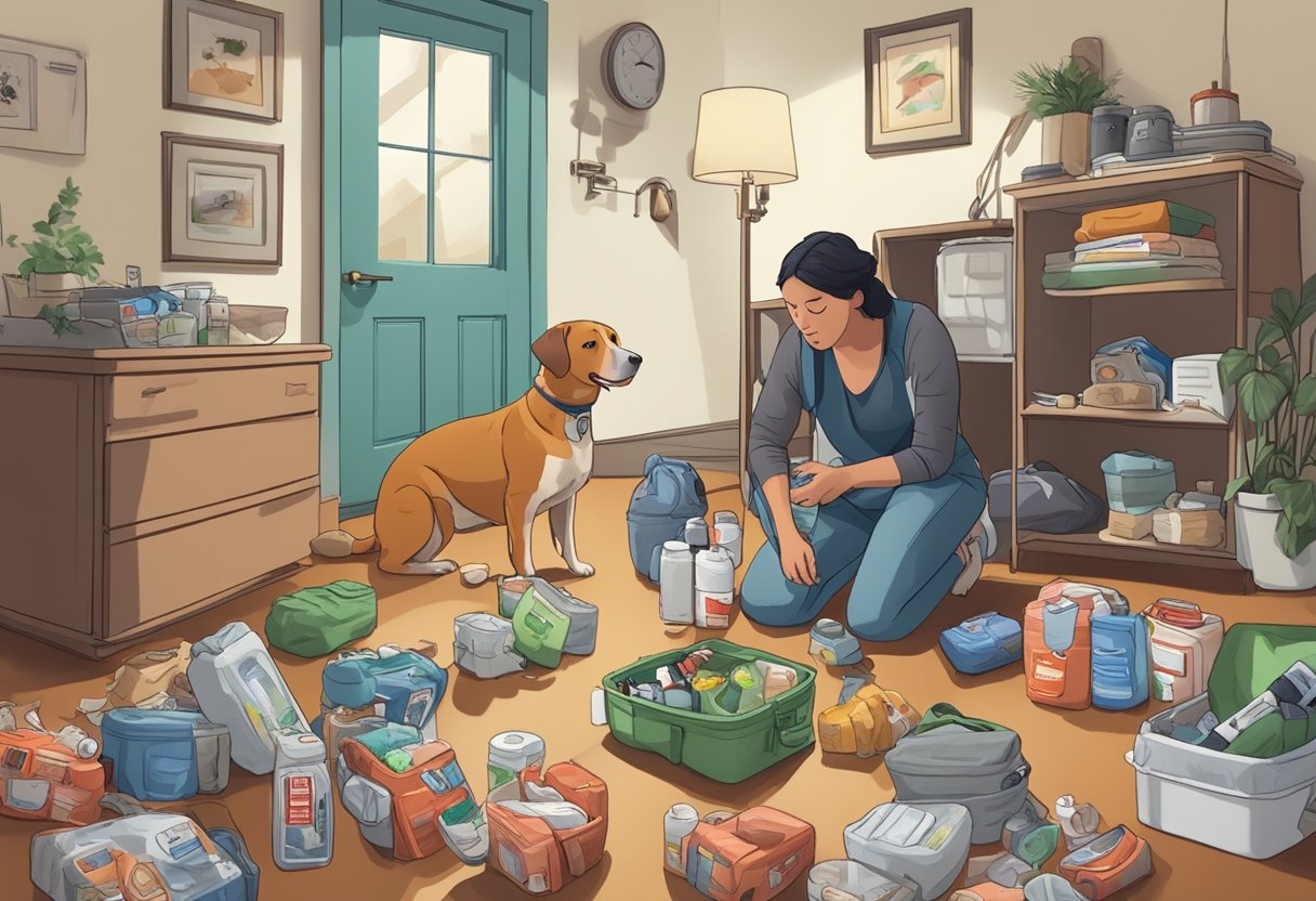 A pet owner rushes to gather emergency supplies as their dog chokes on a toy. The room is cluttered with scattered pet care items and a first aid kit