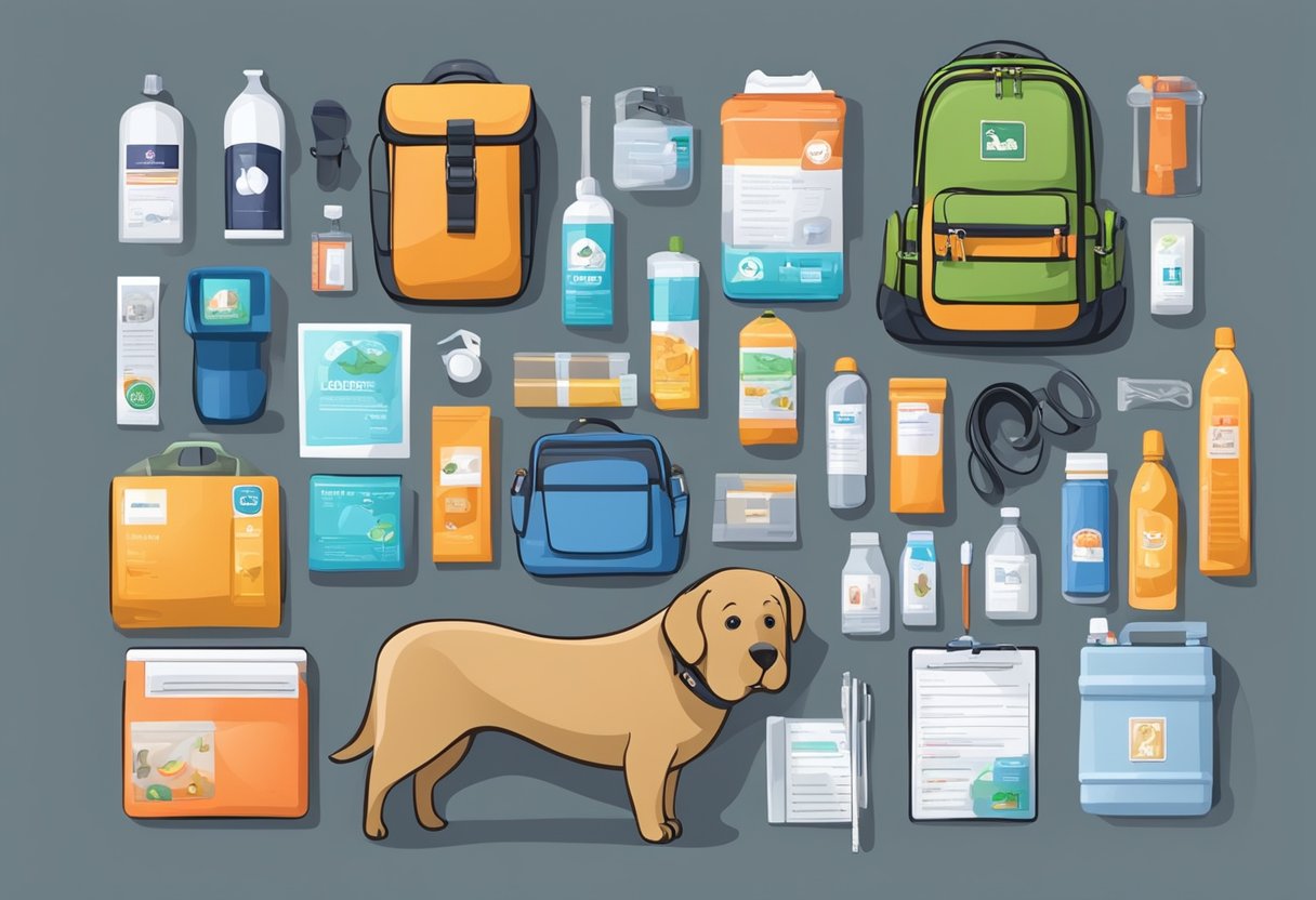 Pets and emergency supplies arranged in a well-stocked kit. Important documents, food, water, medications, and first aid items are organized and ready for use