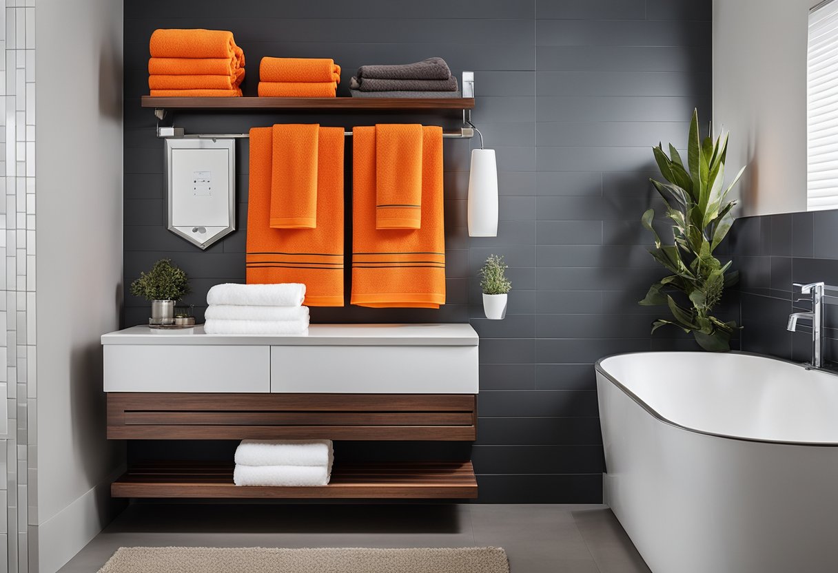 Vibrant blue and bold orange towels hang on sleek chrome racks in a modern bathroom with white walls and dark wood accents