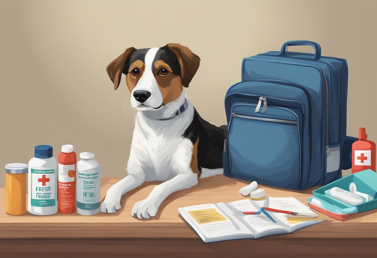 A dog with a bandaged paw sits next to a first-aid kit and emergency supplies, while a book titled "First-Aid Fundamentals for Pets" lays open nearby