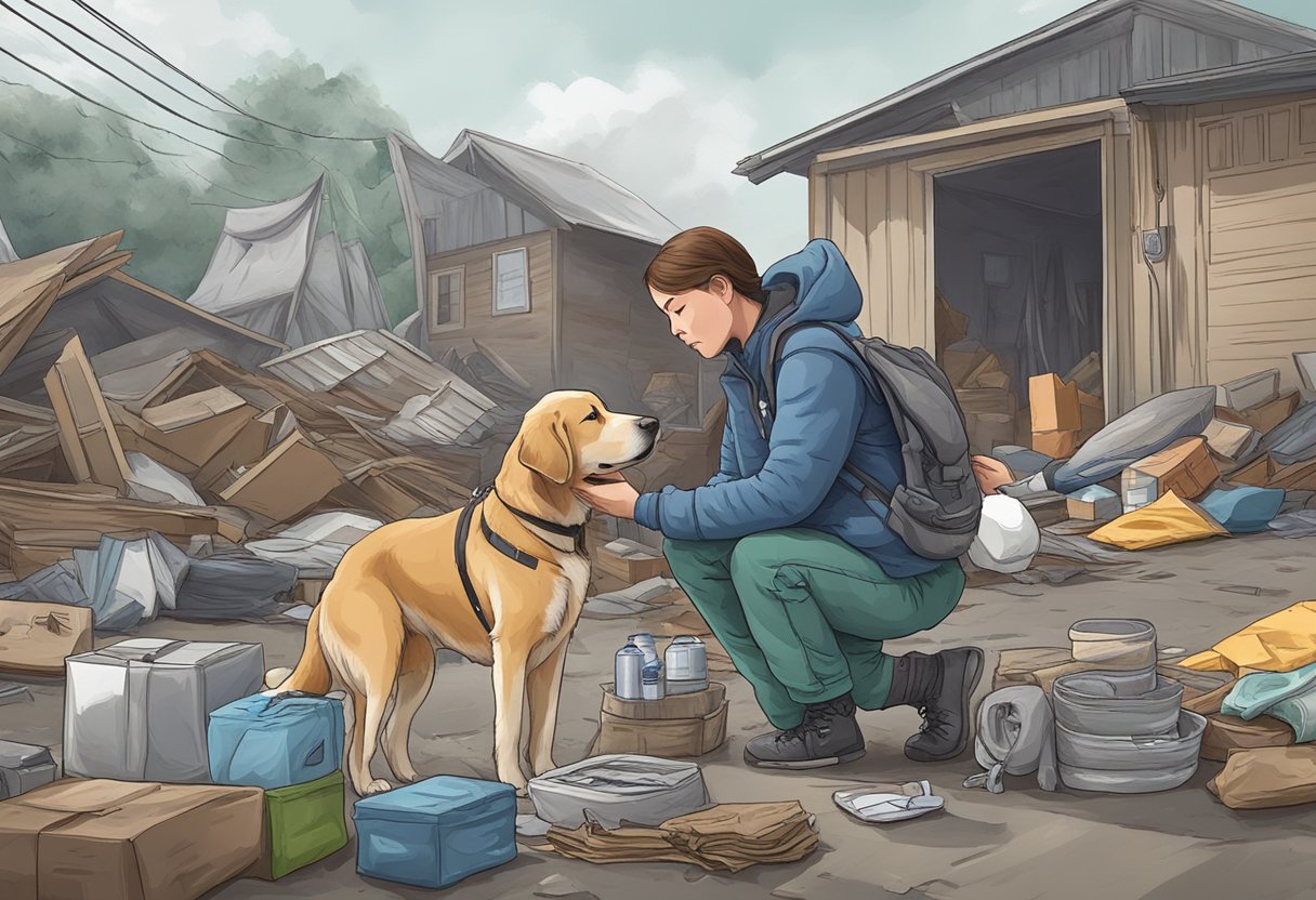 A pet owner quickly gathers emergency supplies and comforts their pet after a natural disaster