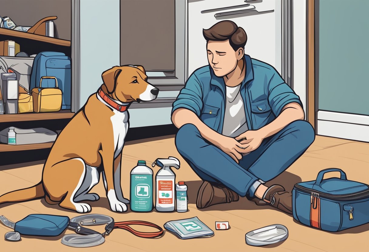 A dog sits obediently beside a first aid kit and emergency supplies, while a pet owner holds a leash and looks on with a concerned expression