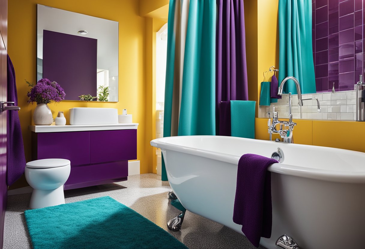 A vibrant bathroom with bold color contrasts. Bright yellow walls with teal accents. A bold red rug and a striking purple shower curtain