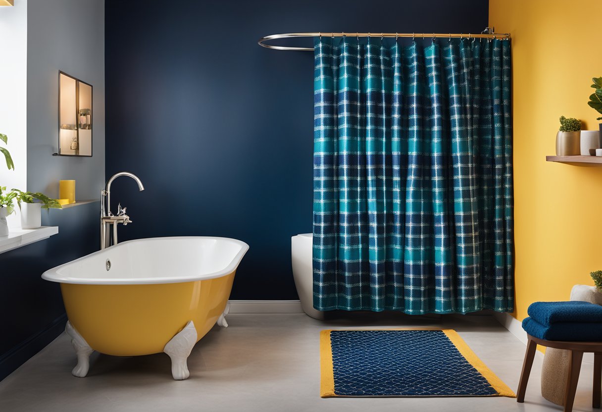 A bright yellow shower curtain contrasts with deep navy blue towels, while a vibrant teal bath mat pops against a bold coral wall