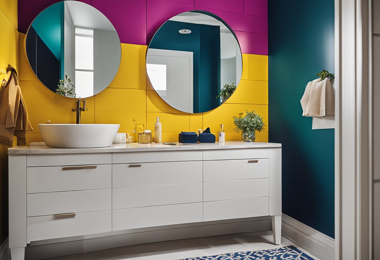 A modern bathroom with bold color contrasts: bright yellow walls against a deep navy vanity, accented with pops of vibrant teal and fuchsia