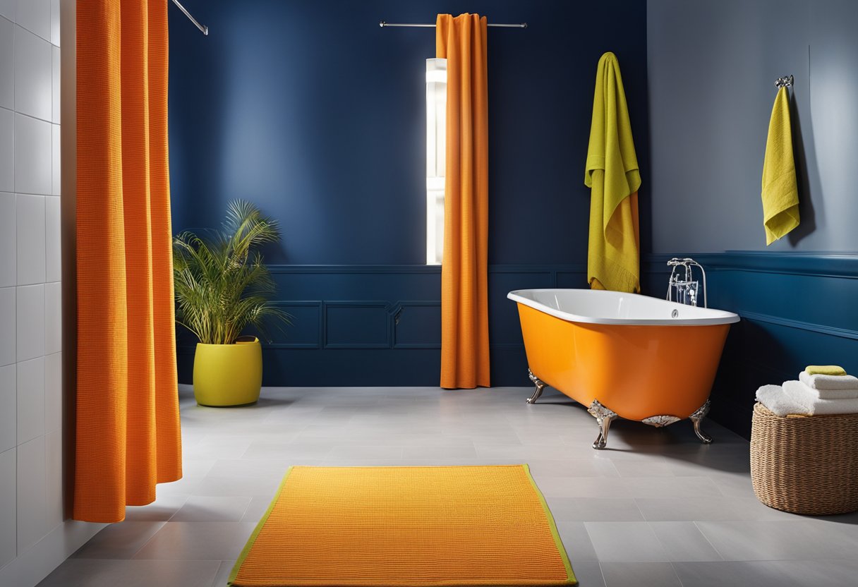 A bright, modern bathroom with contrasting bold colors: a vibrant orange shower curtain against a deep blue wall, with a lime green bath mat and bright yellow towels