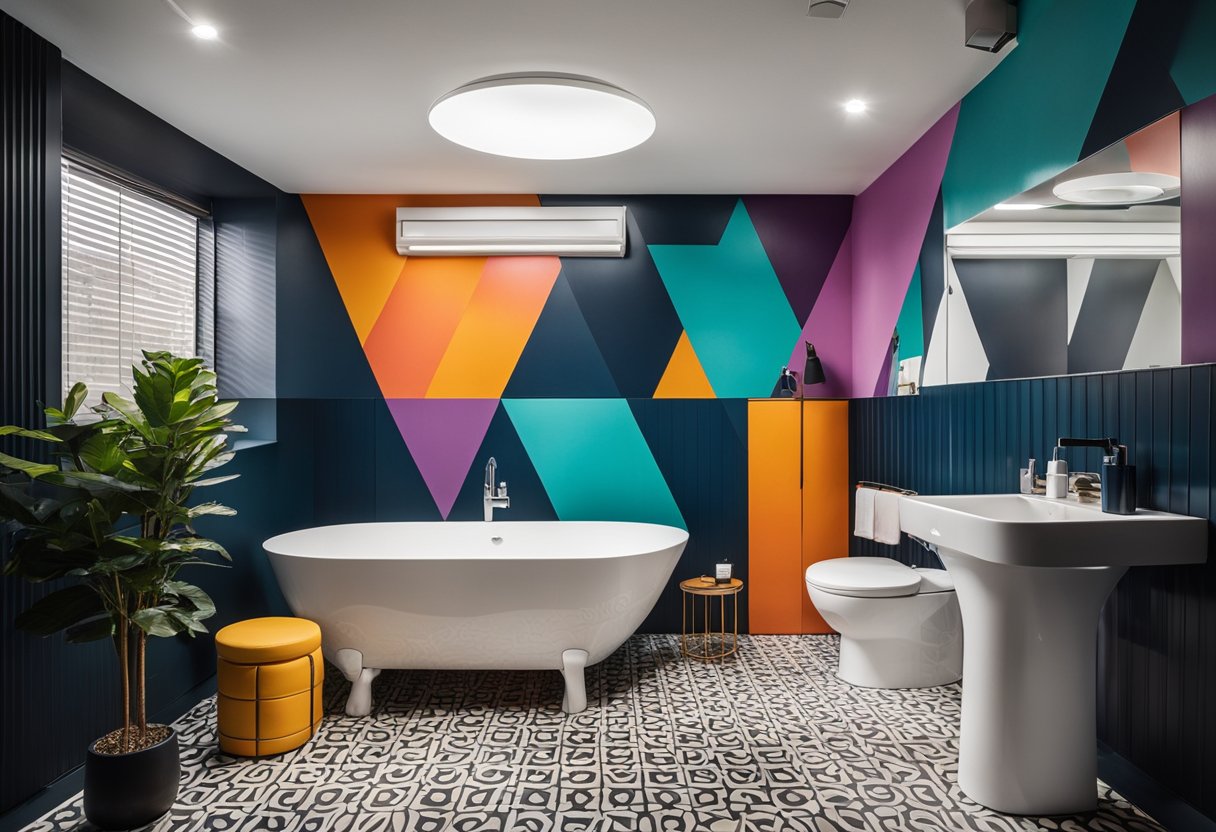 A bathroom with a vibrant accent wall, using bold colors and geometric shapes, creating a focal point in the space