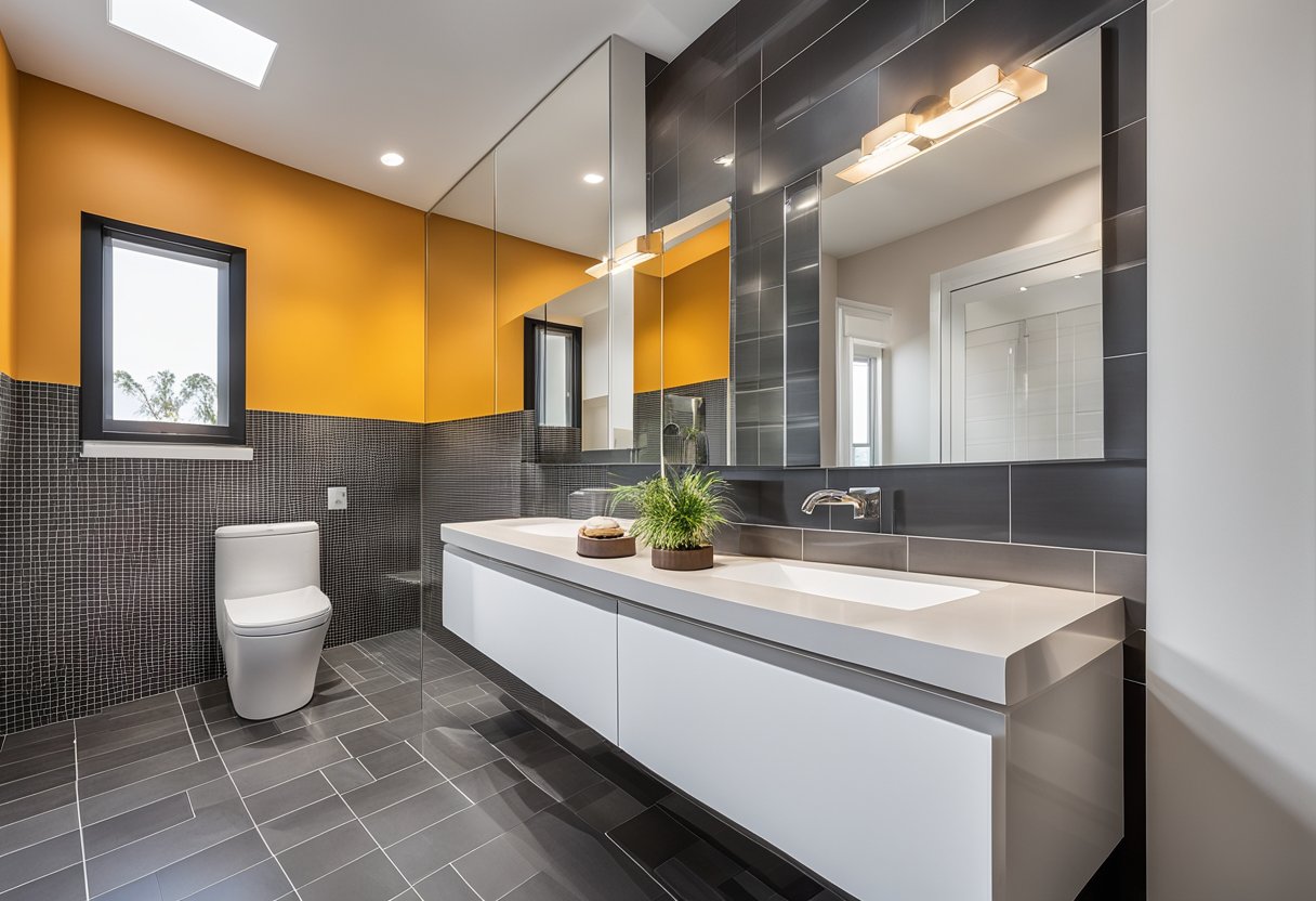 A bathroom with a bold accent wall in a vibrant color, contrasting with neutral tones. Clean lines and modern fixtures suggest a timeless design