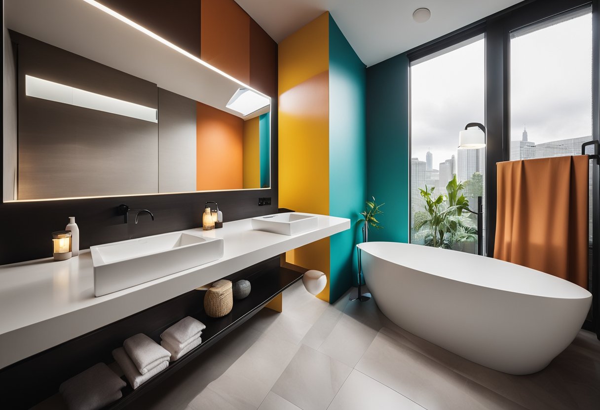 A bathroom with a bold, colorful accent wall, contrasting with neutral tones. Light streams in through a window, illuminating the vibrant colors