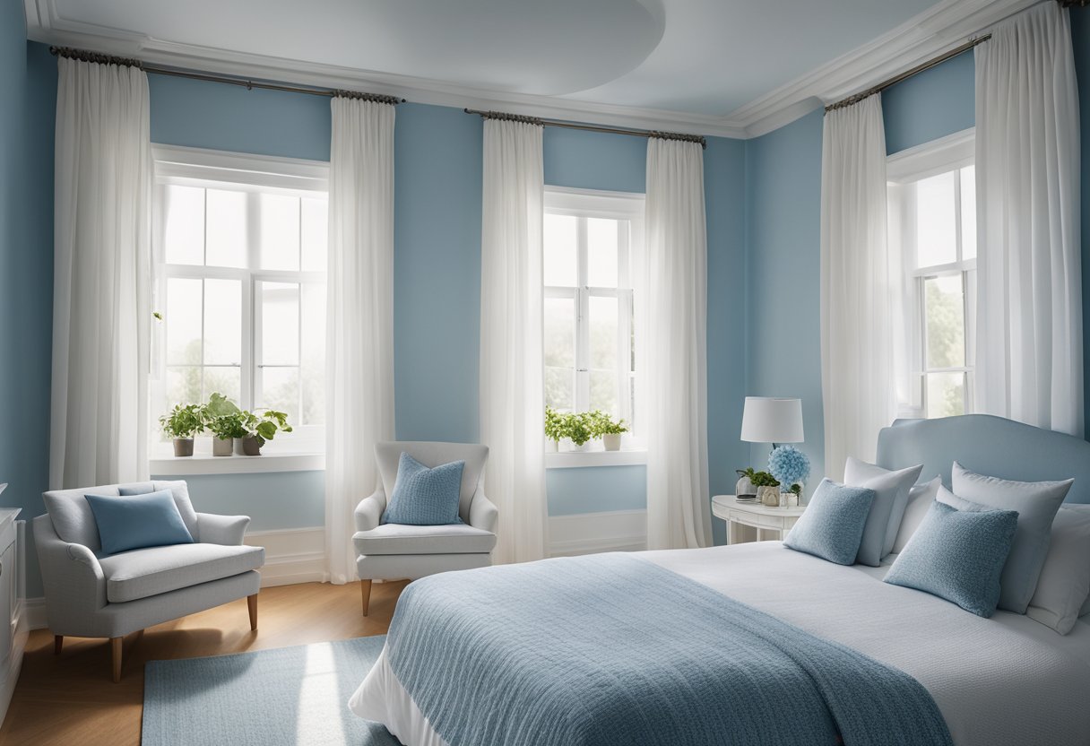 A serene bedroom with soft blue walls, white furniture, and delicate blue and white bedding. Sunlight filters through sheer curtains, casting a tranquil glow