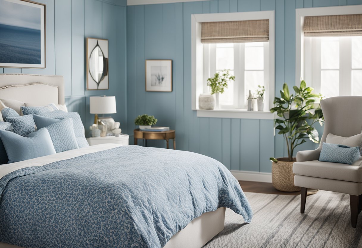 A soft blue and white bedroom with patterned bedding, accented with decorative pillows and a textured throw blanket