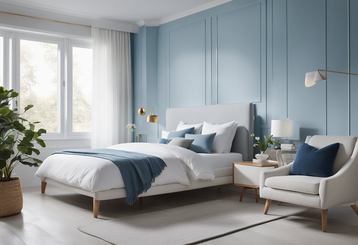 A soft blue and white bedroom, with minimalistic decor and ample natural light. Clean lines and a serene atmosphere convey a sense of tranquility and relaxation