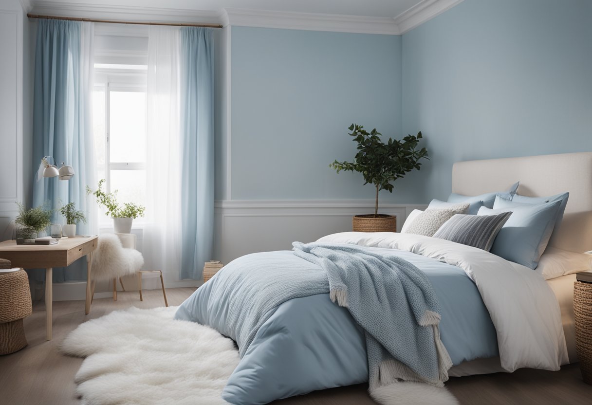 A soft blue and white bedroom with cozy bedding, a fluffy rug, and a large window letting in natural light