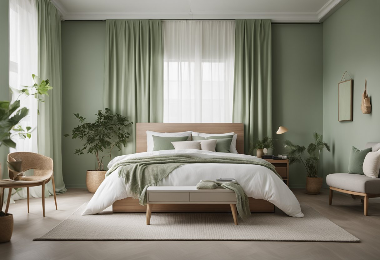 A serene bedroom with pale green and neutral tones. Soft, natural light filters in through sheer curtains, casting a gentle glow on the minimalist furniture and botanical accents