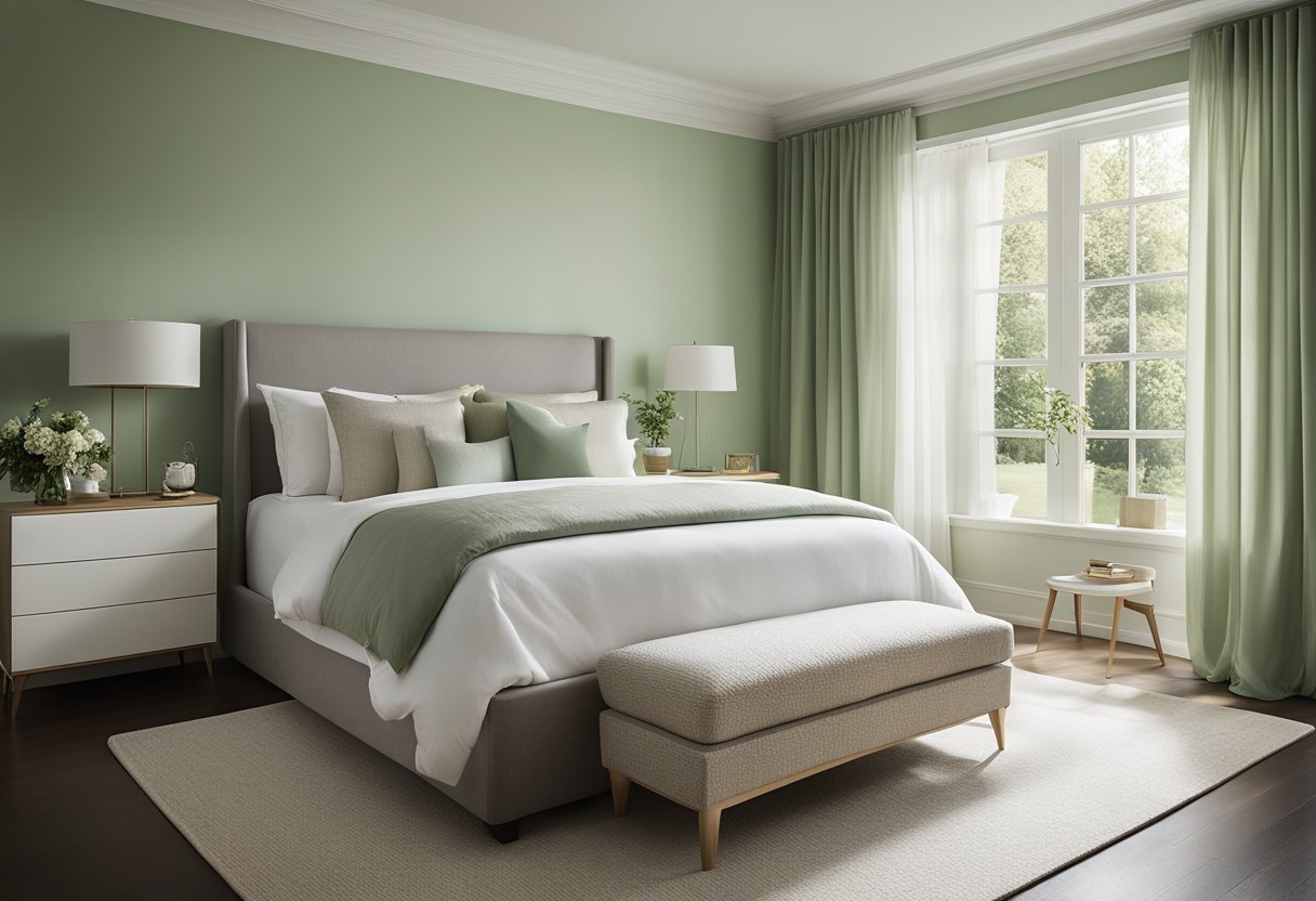 A bedroom with pale green walls and neutral-colored furniture. Soft, natural light filters in through sheer curtains, creating a serene and calming atmosphere