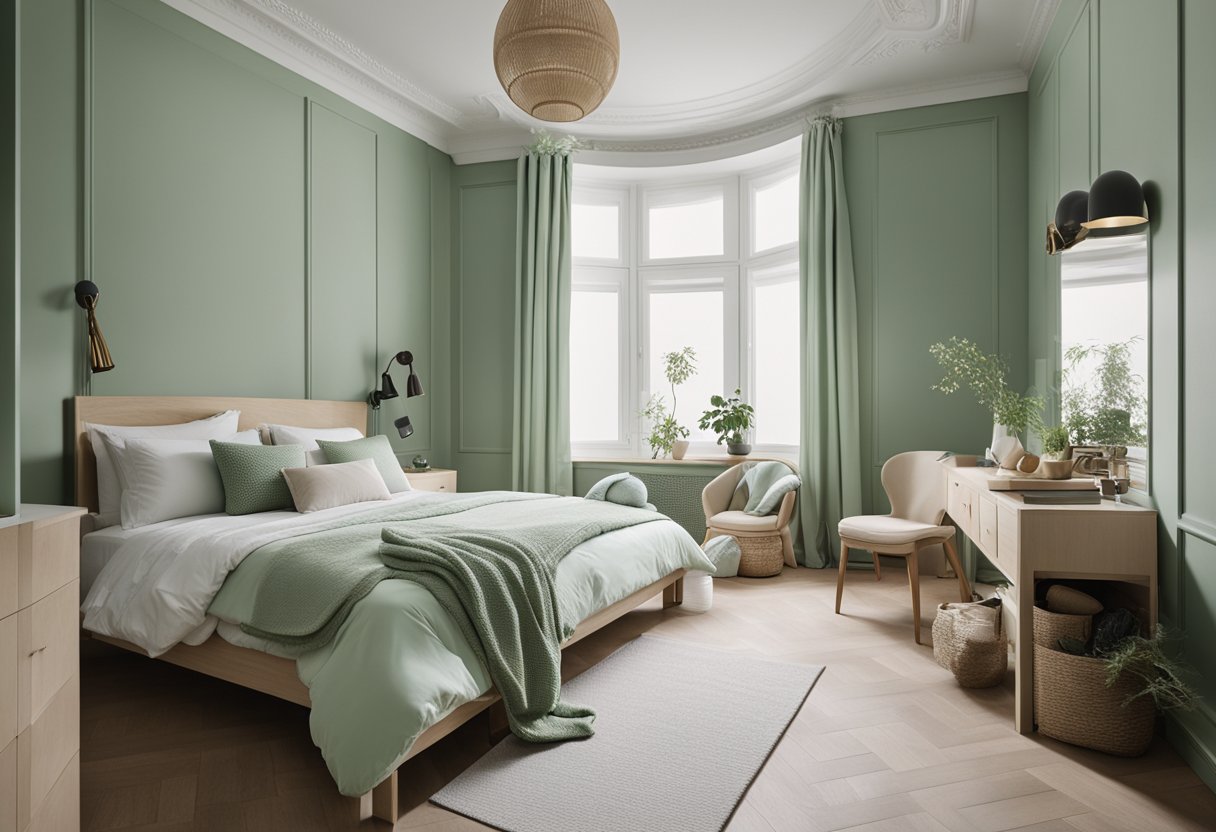 A bedroom with pale green and neutral tones, featuring adaptable furniture and maintenance tools