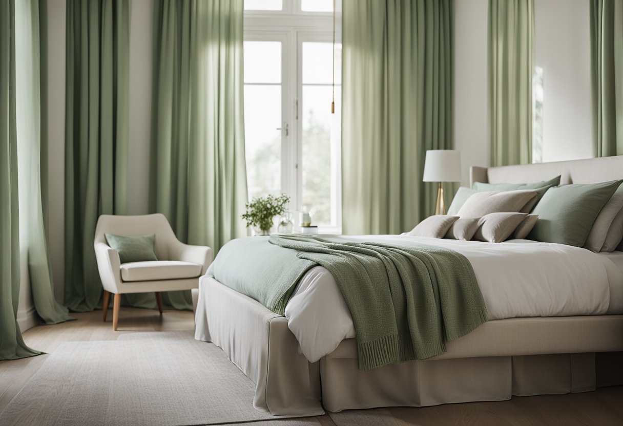 A serene bedroom with pale green and neutral tones. Soft, natural light filters through sheer curtains. A cozy bed with layered textures invites relaxation