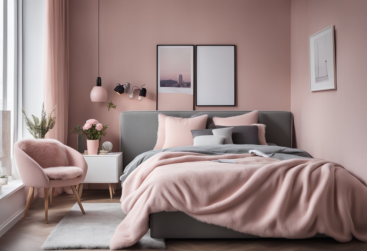 A cozy bedroom with pastel pink walls and gray accents. A fluffy rug and soft throw pillows on the bed. A sleek desk with a stylish chair in the corner