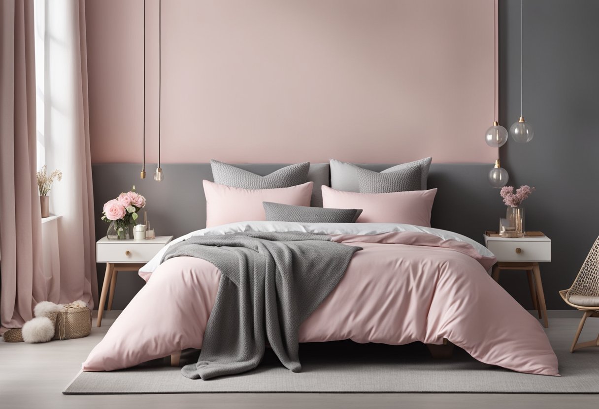 A pastel pink and gray bedroom with accent pieces and accessories. A cozy bed with fluffy pillows, a stylish nightstand with a lamp, and a soft rug on the floor