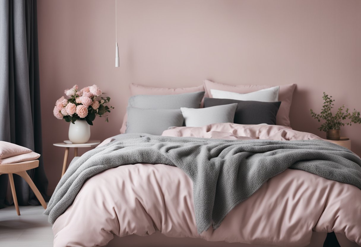 A cozy bedroom with pastel pink walls and gray accents. A comfortable bed with fluffy pillows and a soft throw blanket. A small desk with a stylish chair and a vase of fresh flowers