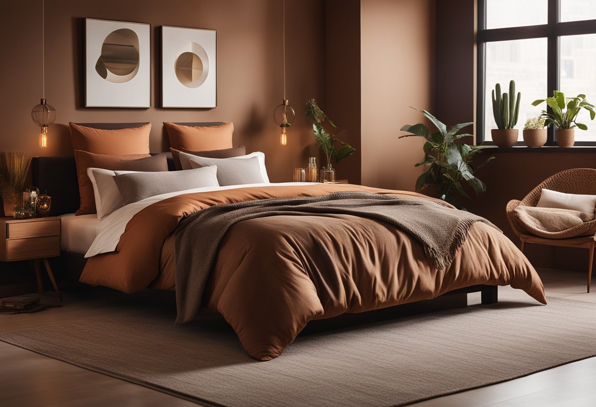 A bedroom with earthy brown and terracotta decor, soft blankets, and warm lighting creates a cozy and inviting atmosphere