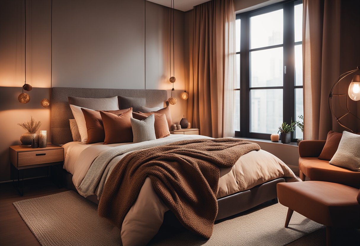 A cozy bedroom with earthy brown and terracotta accents. Soft lighting from warm lamps and candles creates a relaxing atmosphere. Decorative pillows and throws add texture and comfort