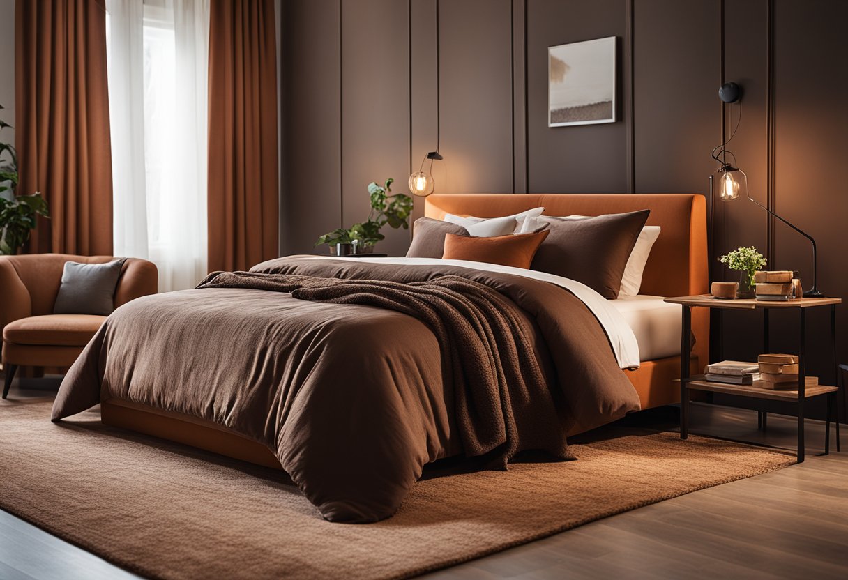 A cozy bedroom with earthy brown and terracotta colors. A plush rug and warm lighting create a comfortable and inviting atmosphere. Furniture is arranged for a relaxing and harmonious feel