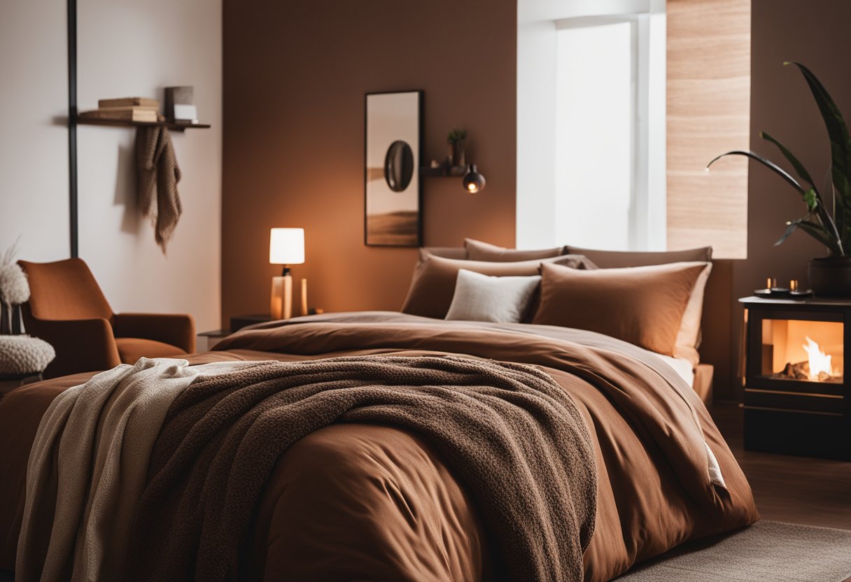 A cozy bedroom with earthy brown and terracotta accents. Soft blankets, warm lighting, and natural textures create a welcoming atmosphere