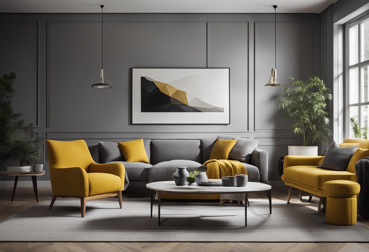 A cozy living room with warm gray walls and mustard yellow accents. Modern furniture and decor create a stylish and inviting atmosphere