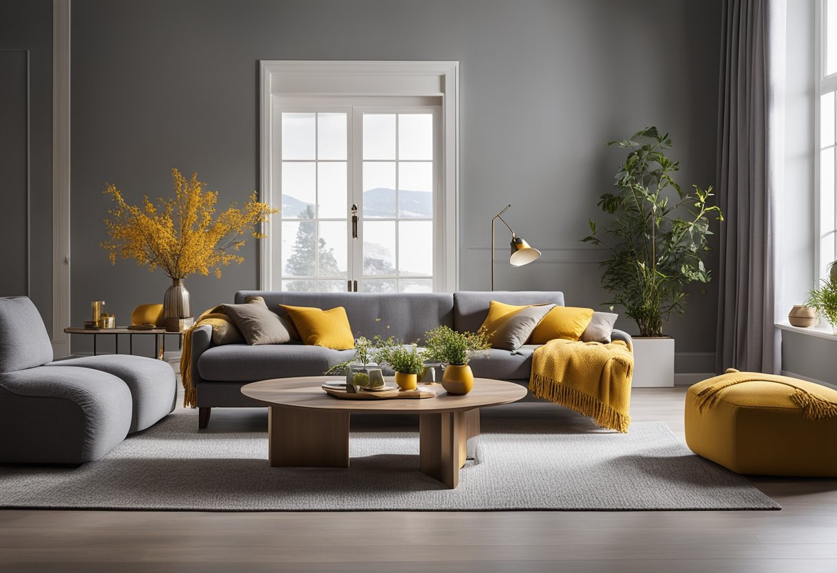 A cozy living room with warm gray walls, accented with mustard yellow pillows and throws. Natural light streams in, highlighting the modern, inviting space