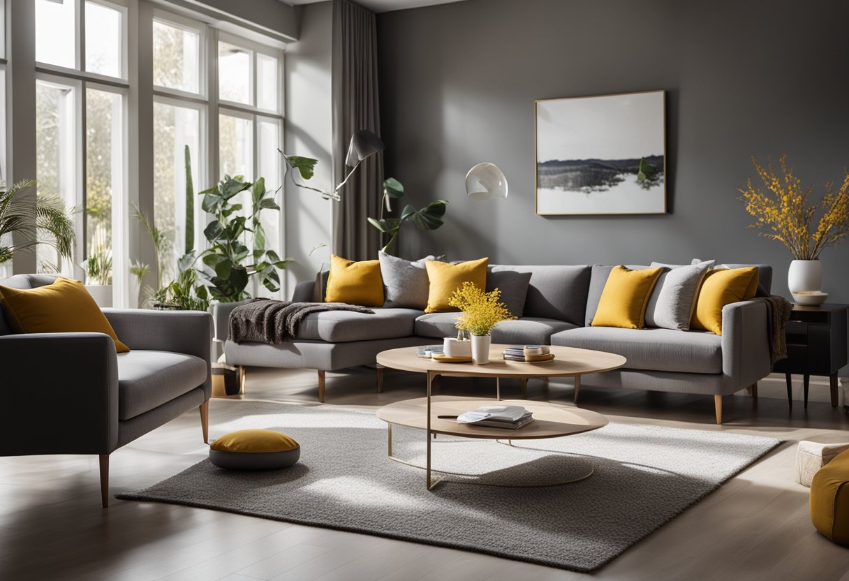 A cozy living room with warm gray walls, mustard yellow accents, and modern furniture. Sunlight streams through the window, casting a soft glow on the room