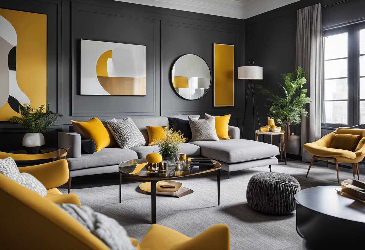 A cozy living room with warm gray walls and mustard yellow accents. Modern furniture and abstract art add a contemporary touch