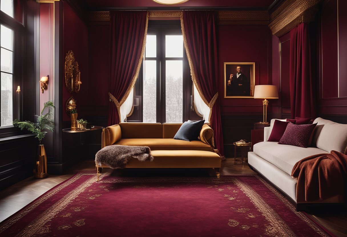 A cozy bedroom with deep red walls and burgundy accents. A plush rug and velvet curtains add warmth. Gold and brass accessories provide a touch of luxury