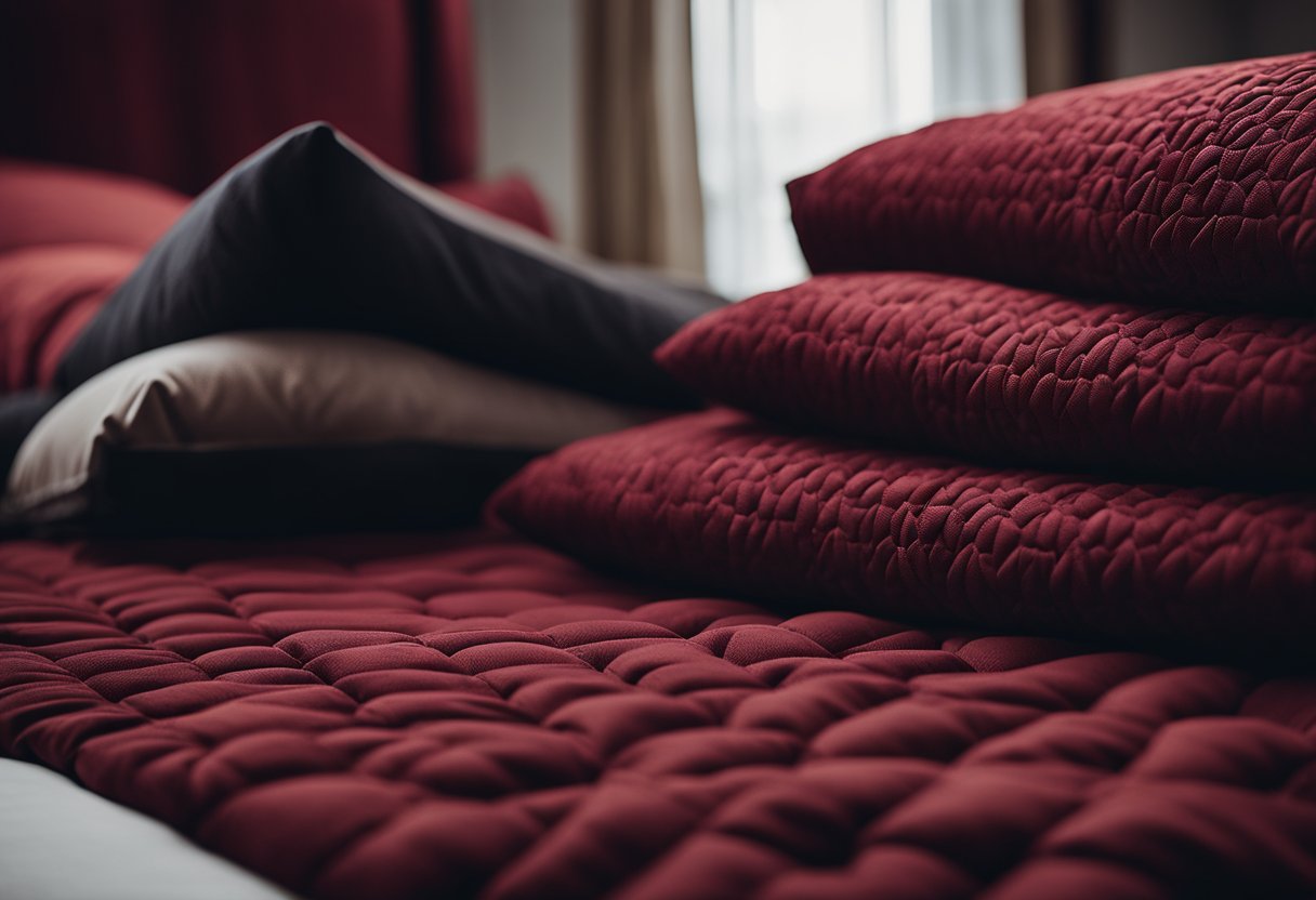 A person selects deep red and burgundy textiles and bedding for a bedroom, arranging them on a bed and considering other decor options