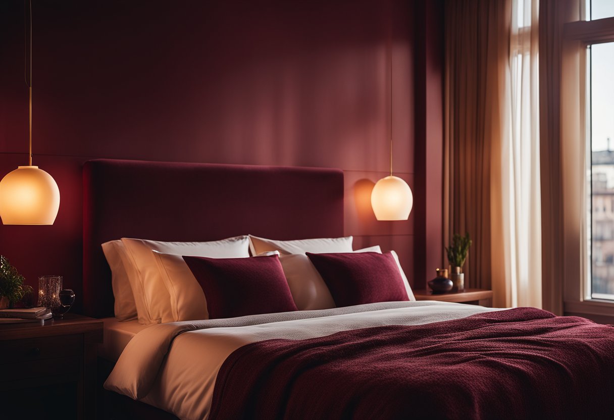 Soft, warm light cascades over a luxurious bedroom, highlighting deep red and burgundy tones in the decor. Shadows play across the rich fabrics and textures, creating a cozy and inviting atmosphere