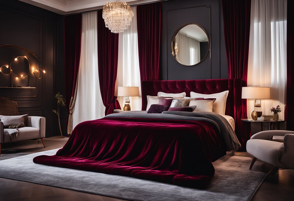 A bedroom with deep red and burgundy decor, featuring richly colored curtains, a plush throw blanket, and a velvet upholstered headboard