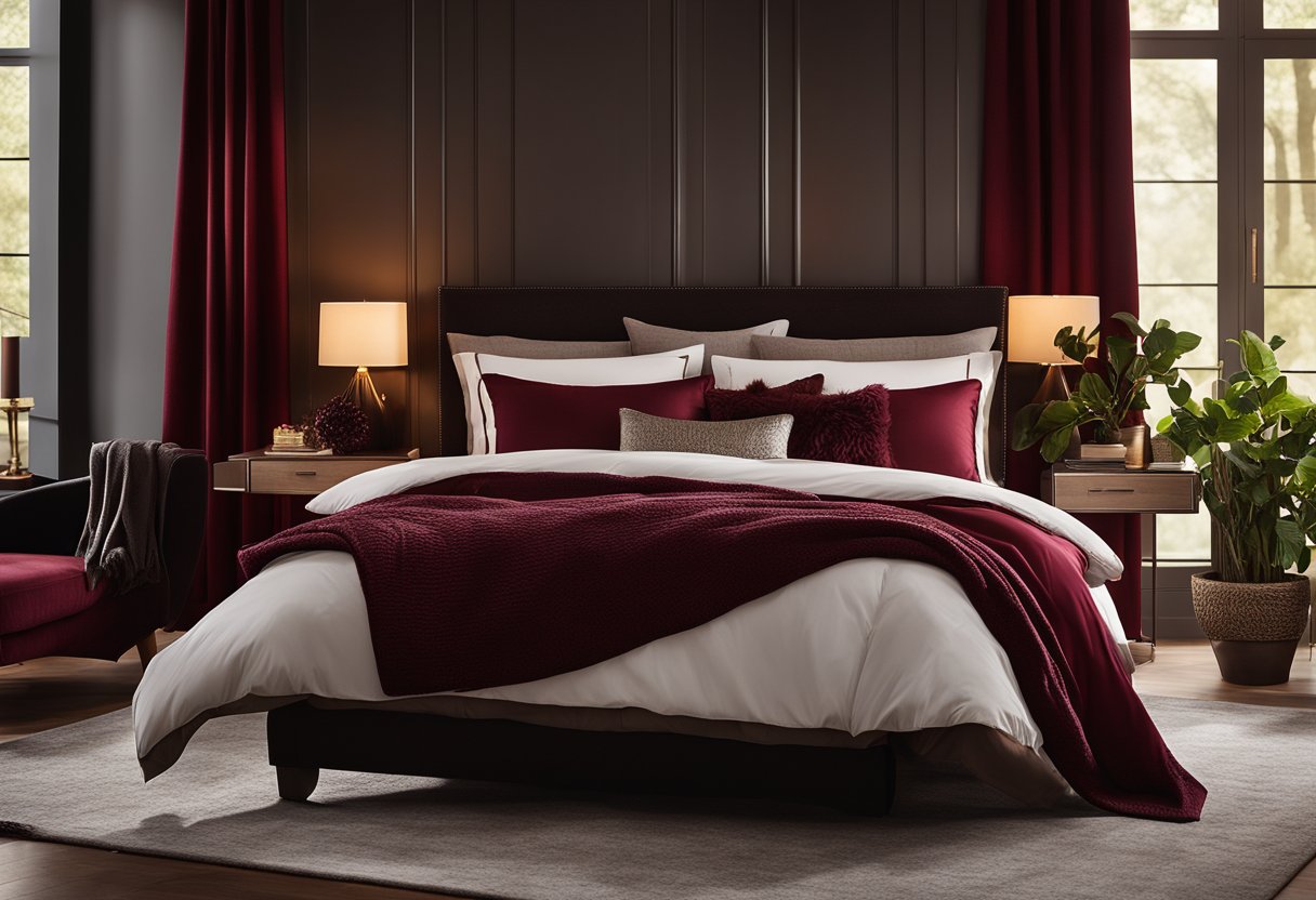 A cozy bedroom with deep red and burgundy accents. A plush comforter adorns the bed, while matching curtains frame the window. A warm, inviting atmosphere is created with soft lighting and rich, luxurious textures