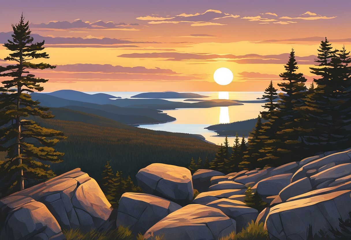 The sun sets behind Cadillac Mountain, casting a warm glow over the rugged landscape of Acadia National Park. The silhouettes of trees and rocky outcrops create a dramatic and serene scene, perfect for an illustrator to recreate