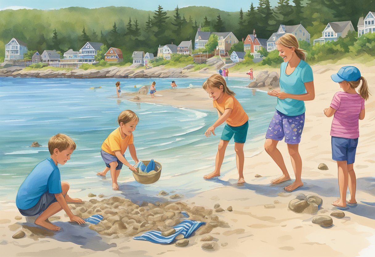 A family plays beach games, builds sandcastles, and explores tide pools at Sand Beach in Bar Harbor, Maine. The kids laugh and splash in the shallow waves while parents relax on beach towels