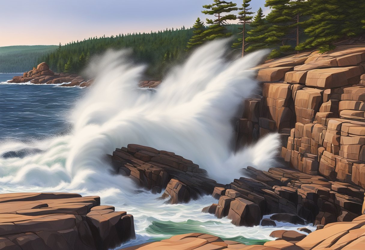 Waves crash against rocky shore at Thunder Hole in Acadia National Park, Bar Harbor, Maine. Spray shoots high into the air