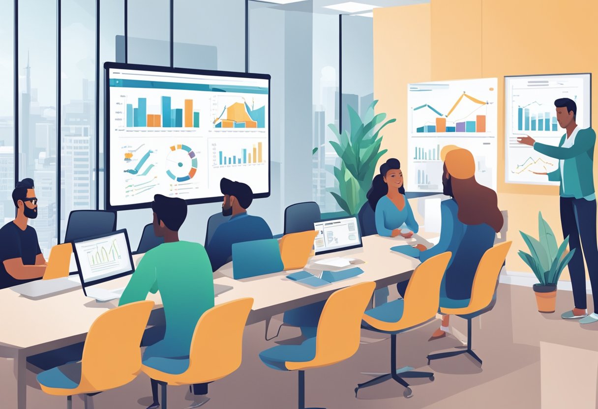 A group of software engineers sits in a conference room, discussing a structured recruitment process. Charts and diagrams are displayed on a whiteboard, outlining the steps and strategies for attracting top talent