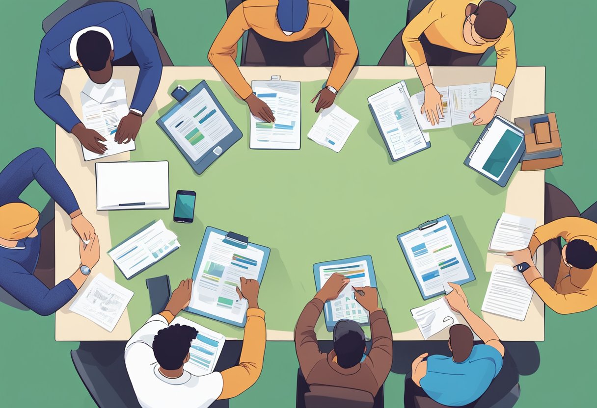 A group of software engineers gathered around a table, discussing recruitment strategies. Lists of questions and resumes scattered across the surface