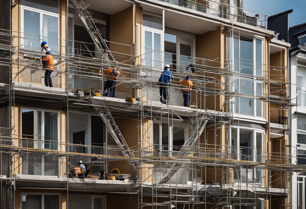 A terrace house with scaffolding, workers, and tools, as the exterior is being renovated