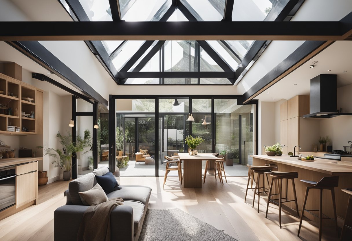 A terrace house with exposed beams, open floor plan, and natural light. Renovation tools and materials scattered around