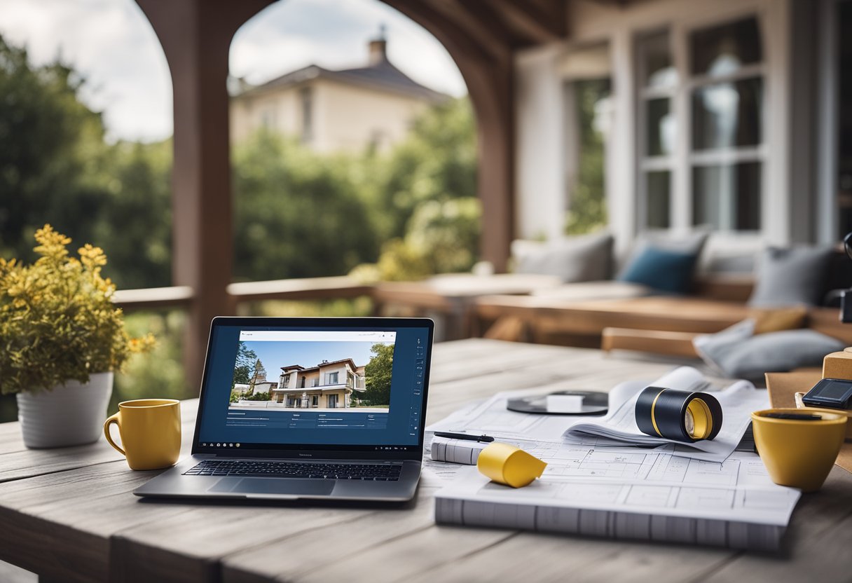 A table with blueprints, a laptop showing renovation software, and a tape measure on a terrace with a view of the house