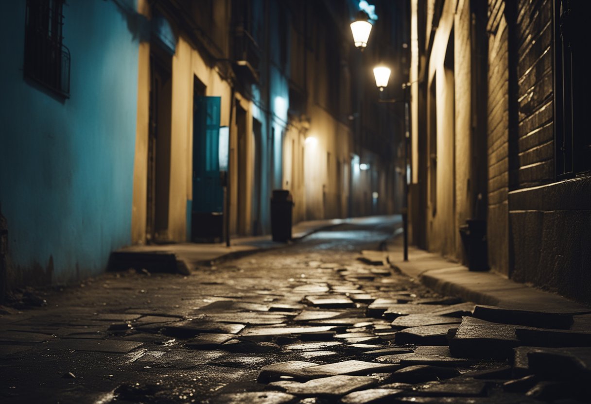 The crime scene, described in Artigo 6º Código Penal Comentado, is a desolate alleyway with scattered debris and a dimly lit street lamp