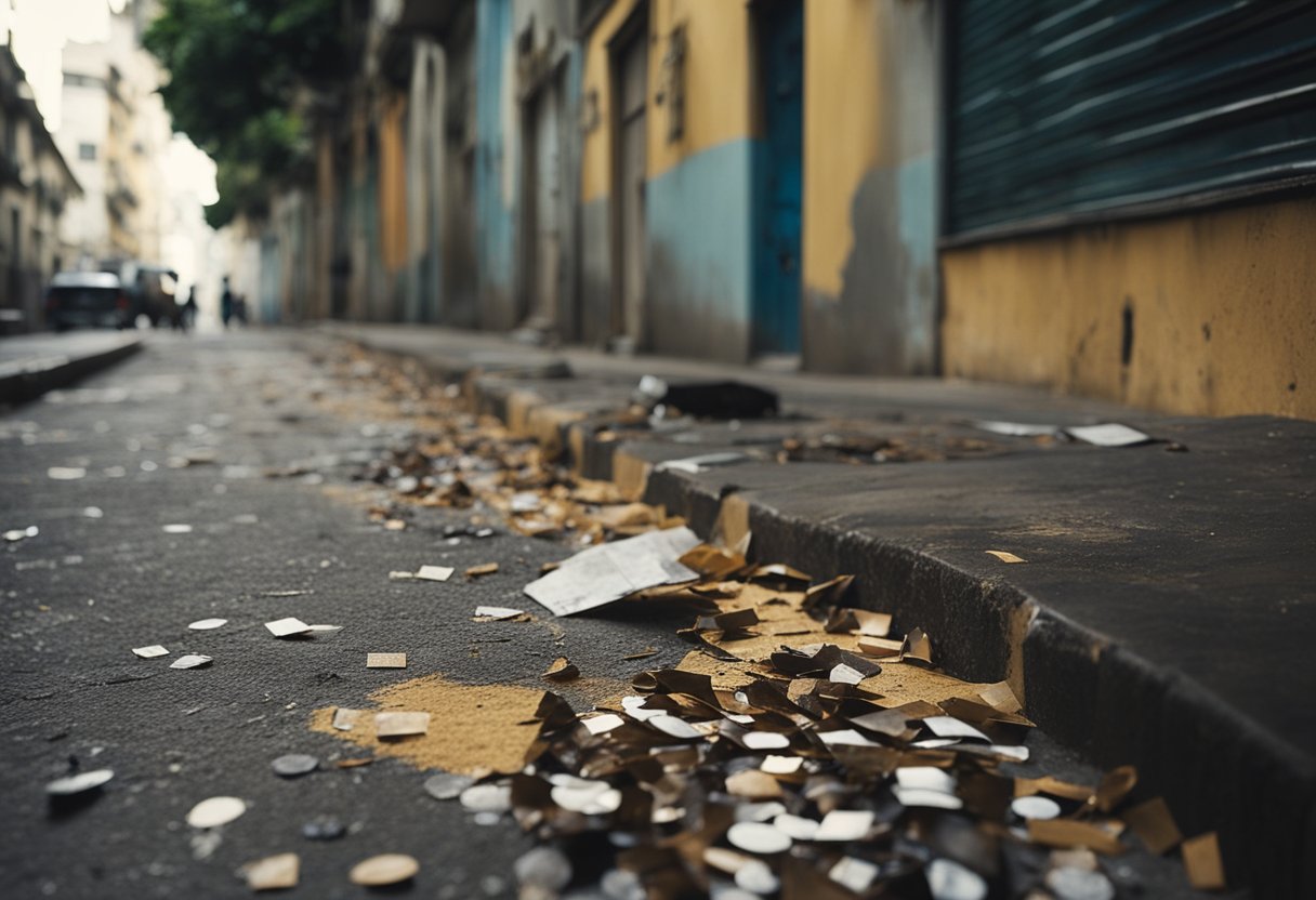 A crime scene in Brazil: a deserted alley with scattered evidence, a broken window, and a bloodstain on the ground