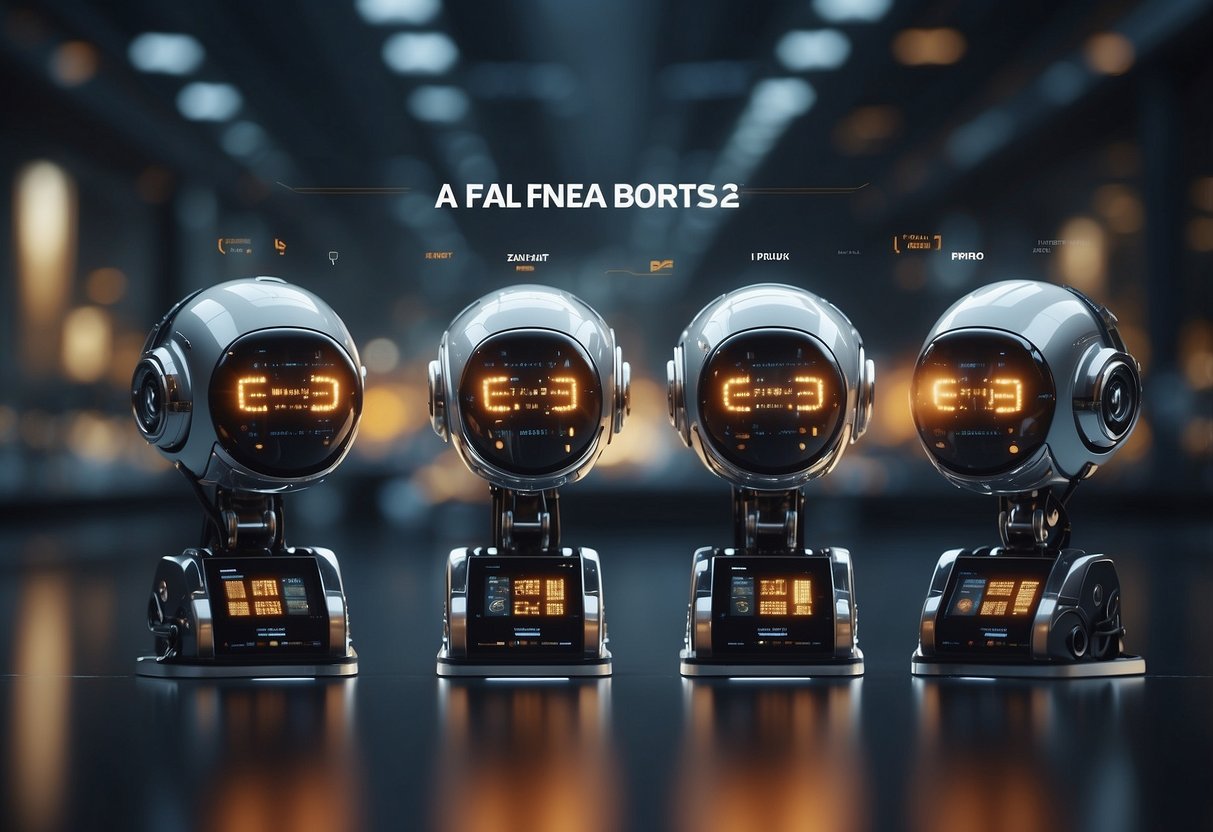 Four AI bots displayed on a digital interface, each with their respective logos and names. Text below reads "AI Bots for Customizable and Code-Free Solutions."