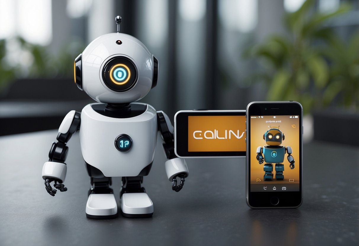 A sleek, modern robot with a friendly face and glowing eyes, standing next to a phone with the Callin.io logo displayed on the screen